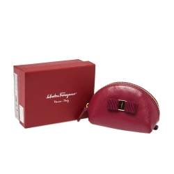 Pre Owned Salvatore Ferragamo Dark Fuchsia Leather Vara Bow Coin Purse