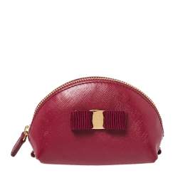 Pre Owned Salvatore Ferragamo Dark Fuchsia Leather Vara Bow Coin Purse