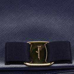 مملوكة مسبقًا Salvatore Ferragamo Navy Blue Leather Miss Vara Wallet on chain 