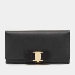 Salvatore Ferragamo Black Leather Vara Bow Continental Wallet