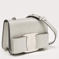 Pre Owned Salvatore Ferragamo Silver Glitter Mini Vara Bow Crossbody Bag