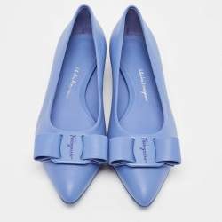 Pre Owned Salvatore Ferragamo Blue Leather Viva Bow Flats Size 37