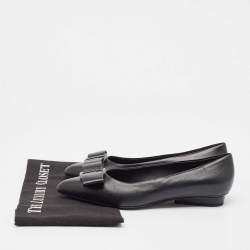 Pre Owned Salvatore Ferragamo Black Leather Viva Bow Ballet Flats Size 37.5