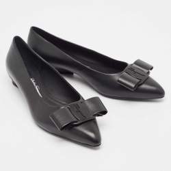 Pre Owned Salvatore Ferragamo Black Leather Viva Bow Ballet Flats Size 37.5