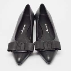 Pre Owned Salvatore Ferragamo Black Leather Viva Bow Ballet Flats Size 37.5