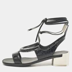 Salvatore Ferragamo Black Croc Embossed Leather Glorja Ankle Strap Sandals Size 39