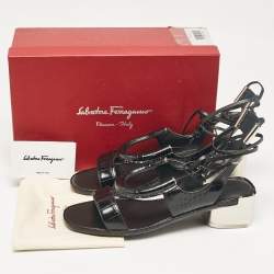 Salvatore Ferragamo Black Croc Embossed Leather Glorja Ankle Strap Sandals Size 39