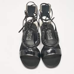 Salvatore Ferragamo Black Croc Embossed Leather Glorja Ankle Strap Sandals Size 39