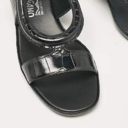 Salvatore Ferragamo Black Croc Embossed Leather Glorja Ankle Strap Sandals Size 39