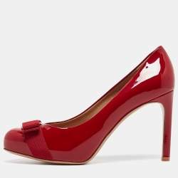 Pre Owned Salvatore Ferragamo Red Patent Leather Vara Bow Pumps Size 38.5