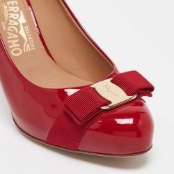 Pre Owned Salvatore Ferragamo Red Patent Leather Vara Bow Pumps Size 38.5