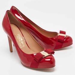 Pre Owned Salvatore Ferragamo Red Patent Leather Vara Bow Pumps Size 38.5