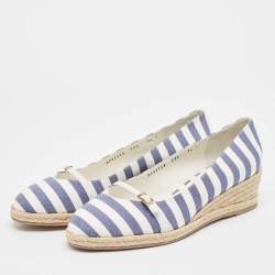 Salvatore Ferragamo Blue/White Striped Fabric Audrey Wedge Espadrille Pumps Size 40