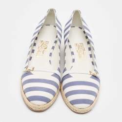 Salvatore Ferragamo Blue/White Striped Fabric Audrey Wedge Espadrille Pumps Size 40