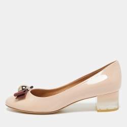 Salvatore Ferragamo Beige Patent Leather Missy Block Heel Pumps Size 40