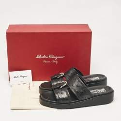Pre Owned Salvatore Ferragamo Black Ostrich Leather Lufti Flat Sandals Size 41