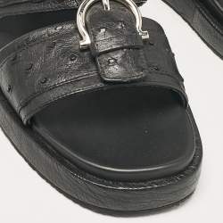 Pre Owned Salvatore Ferragamo Black Ostrich Leather Lufti Flat Sandals Size 41