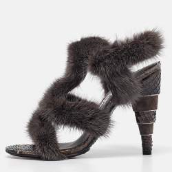 Salvatore Ferragamo Grey Fur Python Leather Ankle Strap Sandals 36.5