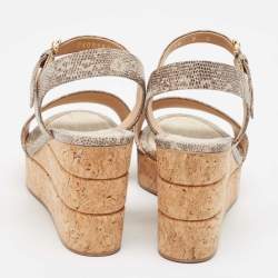 Salvatore Ferragamo Brown Lizard Embossed Leather Madea Wedge Sandals Size 39.5