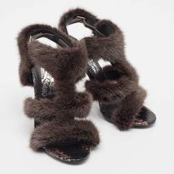 Salvatore Ferragamo Brown Fur and Python Leather Ankle Strap Sandals 38.5