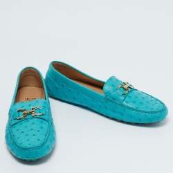 Pre Owned Salvatore Ferragamo Turquoise Ostrich Leather Saba Loafers Size 40.5
