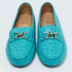 Pre Owned Salvatore Ferragamo Turquoise Ostrich Leather Saba Loafers Size 40.5