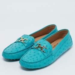 Pre Owned Salvatore Ferragamo Turquoise Ostrich Leather Saba Loafers Size 40.5