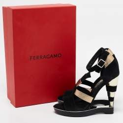 Salvatore Ferragamo Black Leather and Python Leather Lexus Ankle Strap Sandals Size 39