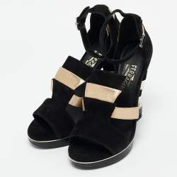 Salvatore Ferragamo Black Leather and Python Leather Lexus Ankle Strap Sandals Size 39