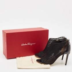 Salvatore Ferragamo Black Lace and Watersnake Open Toe Booties Size 38