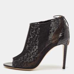 Salvatore Ferragamo Black Lace and Watersnake Open Toe Booties Size 38