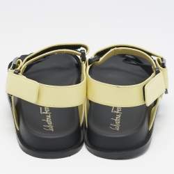 Salvatore Ferragamo Yellow/Black Leather and Canvas Aja Flat Sandals Size 40.5