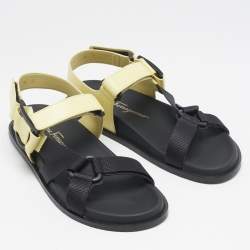 Salvatore Ferragamo Yellow/Black Leather and Canvas Aja Flat Sandals Size 40.5