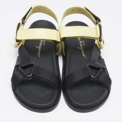 Salvatore Ferragamo Yellow/Black Leather and Canvas Aja Flat Sandals Size 40.5