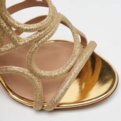 Salvatore Ferragamo Gold Glitter and Leather Cut Out Ankle Wrap Sandals Size 37
