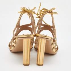 Salvatore Ferragamo Gold Glitter and Leather Cut Out Ankle Wrap Sandals Size 37