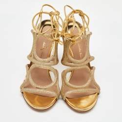 Salvatore Ferragamo Gold Glitter and Leather Cut Out Ankle Wrap Sandals Size 37