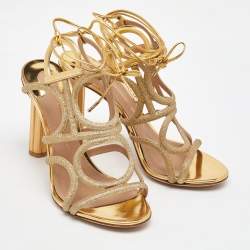Salvatore Ferragamo Gold Glitter and Leather Cut Out Ankle Wrap Sandals Size 37
