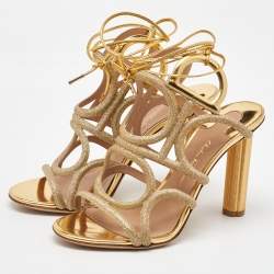 Salvatore Ferragamo Gold Glitter and Leather Cut Out Ankle Wrap Sandals Size 37