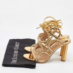 Salvatore Ferragamo Gold Glitter and Leather Cut Out Ankle Wrap Sandals Size 37