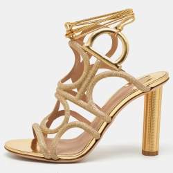Salvatore Ferragamo Gold Glitter and Leather Cut Out Ankle Wrap Sandals Size 37
