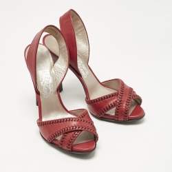 Pre Owned Salvatore Ferragamo Red Leather Peep Toe Slingback Pumps Size 40