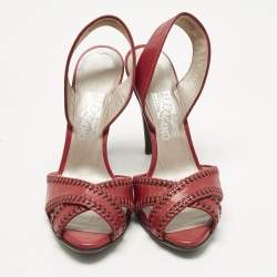Pre Owned Salvatore Ferragamo Red Leather Peep Toe Slingback Pumps Size 40