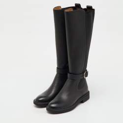 Pre Owned Salvatore Ferragamo Black Leather and Stretch Fabric Furseo Knee Length Boots Size 36.5