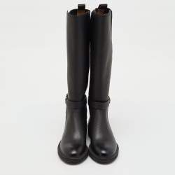 Pre Owned Salvatore Ferragamo Black Leather and Stretch Fabric Furseo Knee Length Boots Size 36.5