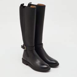 Pre Owned Salvatore Ferragamo Black Leather and Stretch Fabric Furseo Knee Length Boots Size 36.5