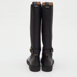 Pre Owned Salvatore Ferragamo Black Leather and Stretch Fabric Furseo Knee Length Boots Size 36.5