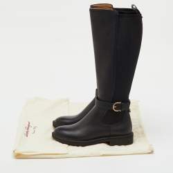 Pre Owned Salvatore Ferragamo Black Leather and Stretch Fabric Furseo Knee Length Boots Size 36.5