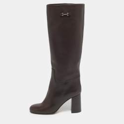 Pre Owned Salvatore Ferragamo Brown Leather Ovidio Knee Length Boots Size 37.5