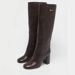 Pre Owned Salvatore Ferragamo Brown Leather Ovidio Knee Length Boots Size 40.5